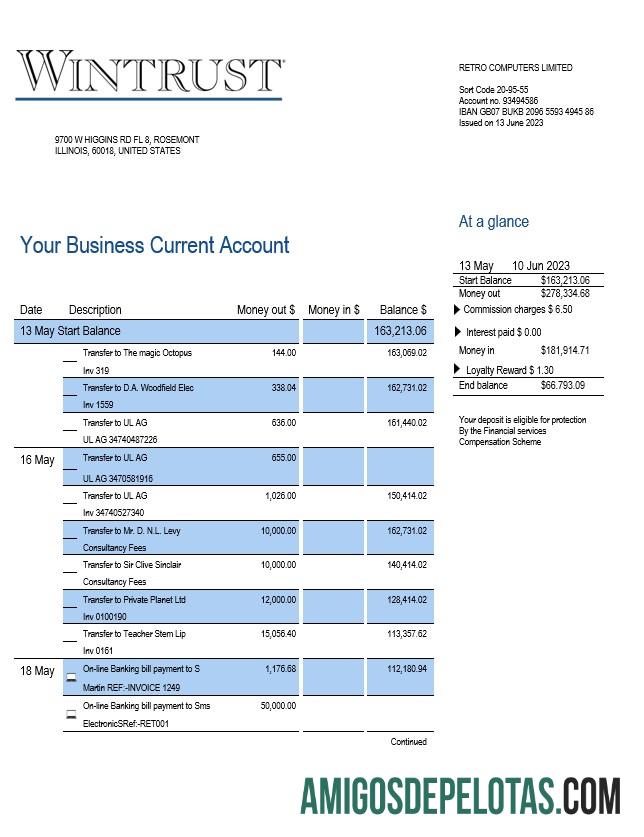 Em branco Wintrust Financial Bank Enterprise modelo de extrato de conta Word e PDF